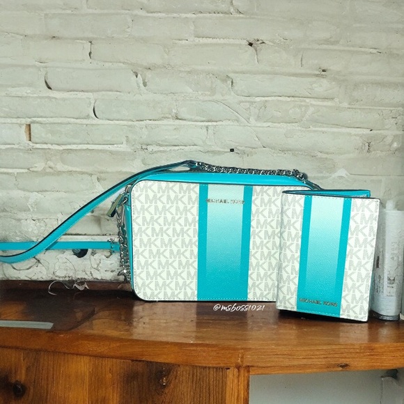 Michael Kors Ombré Center Stripe Crossbody + Passport Wallet in Ocean Blue Multi - Picture 2 of 15